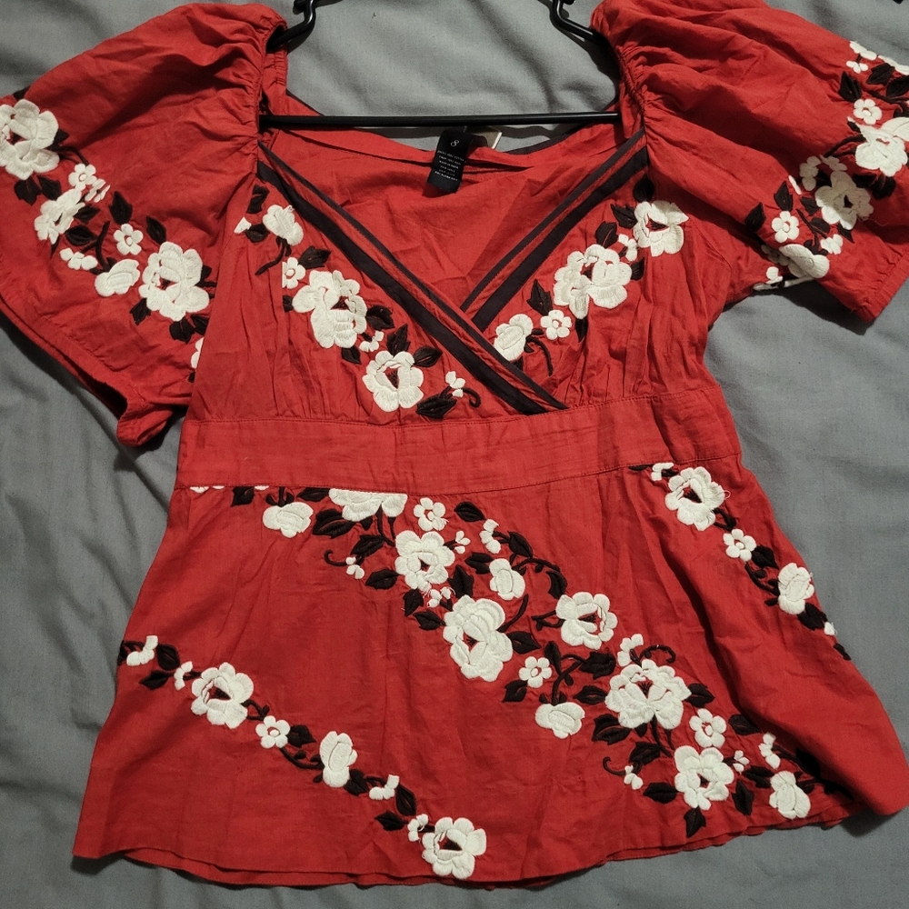Embroidered Blouse, Burnt Orange, Size 8 Fits Snug